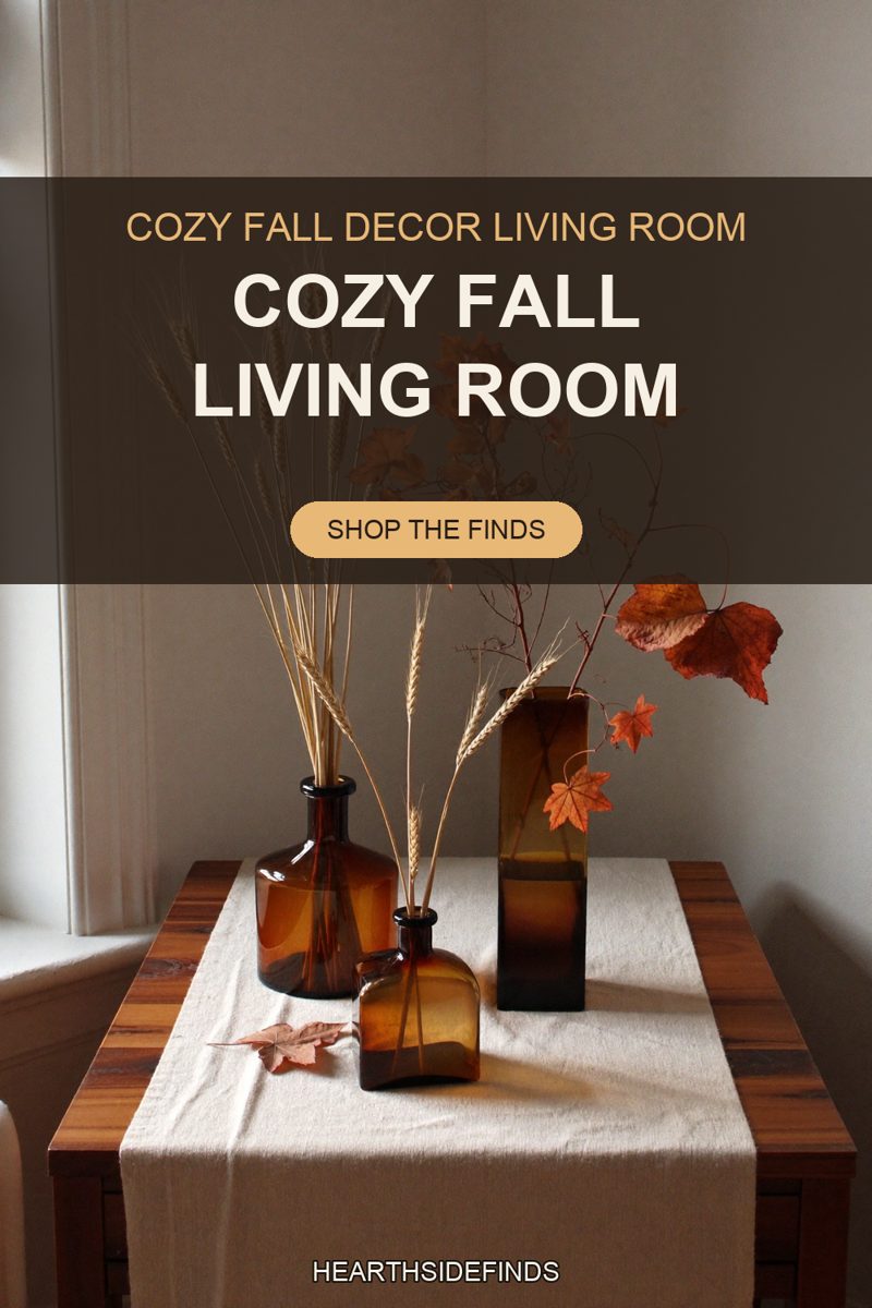 Three amber glass vases with dried wheat and rust maple leaves on a cream linen runner on a dark wood table.