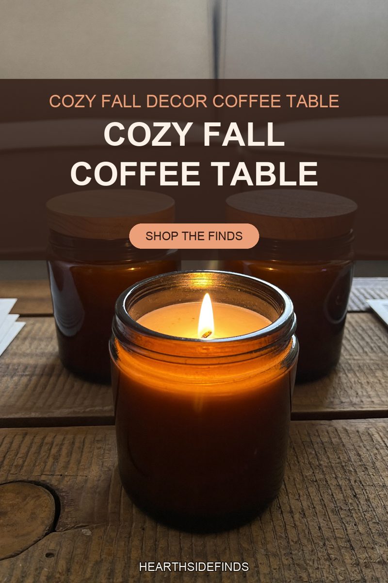 Three amber glass jar candles with wooden lids on a rustic wood table, the front one lit, cream sofa behind.