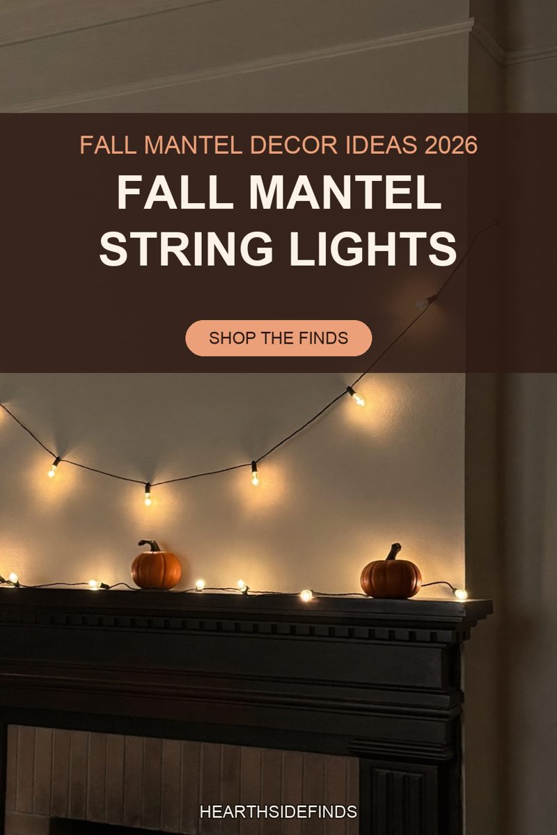 Warm amber bulb string lights swagged on a cream wall above a black mantel with two small orange pumpkins.