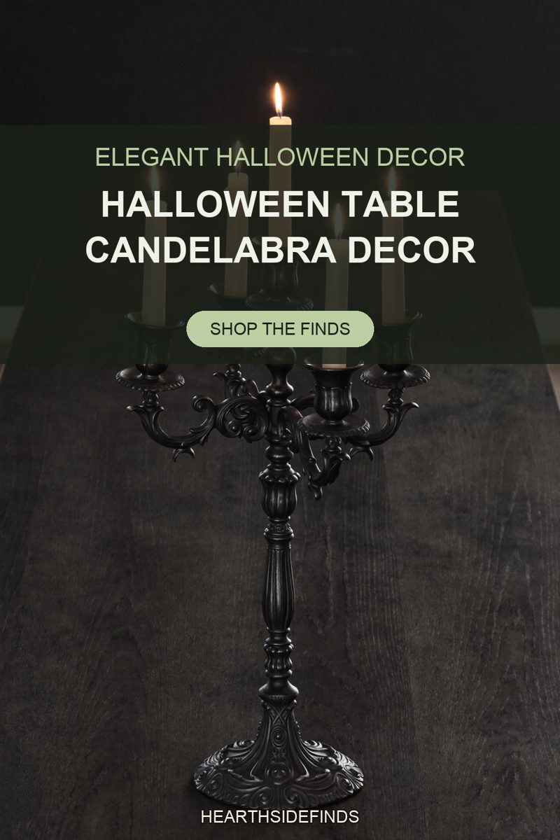Ornate black five-arm candelabra with five lit cream tapers on a long dark wood table in a dim room.