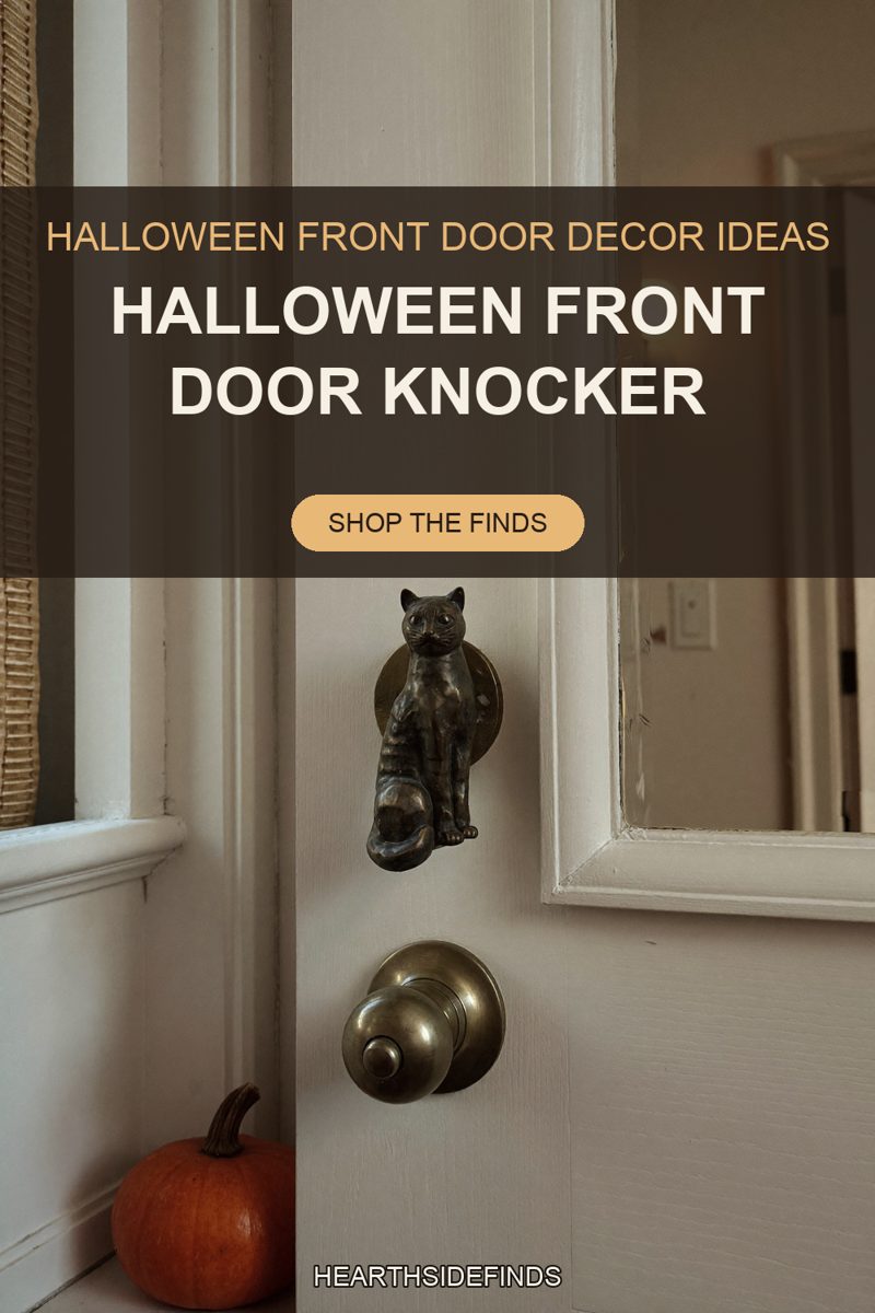 Bronze cat door knocker above a brass doorknob on a white paneled door, orange pumpkin on the floor.