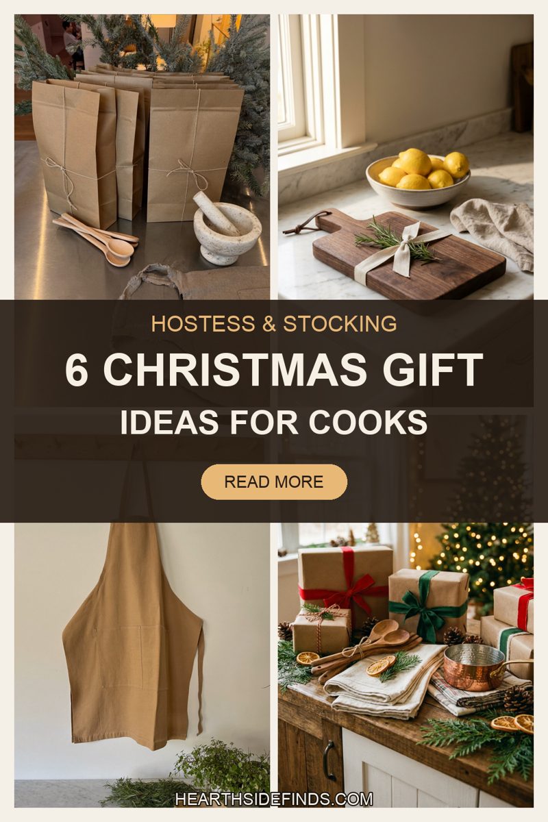 wrapped kitchen gifts, cutting boards, linen aprons and stocking stuffers styled on wooden counters
