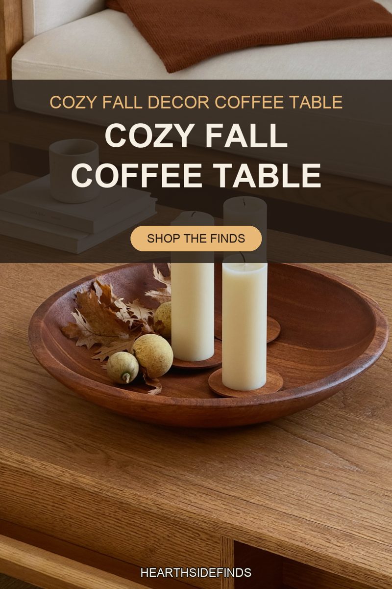 A shallow carved wooden dough bowl sits on a light oak coffee table holding three ivory pillar candles: the two front ones stand on their own round wooden discs below the text panel, and the tallest rises behind them with only its wick-topped head showing through the panel. A third wooden disc lies empty on the bare right half of the bowl, dried oak leaves and three small pale yellow-green gourds are gathered along the left side, and a cream sofa with a rust knit throw sits behind the table.