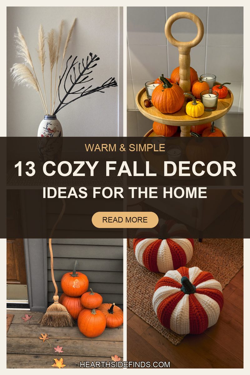 cinnamon brooms, amber glass, velvet pumpkins, knit poufs and dried stems styled in warm living rooms, kitchens and porc