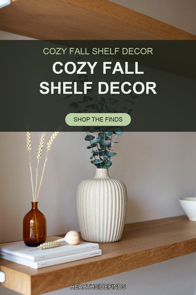 A tall ribbed cream stoneware vase stands on a thick oak floating shelf holding a wide spray of round-leaved eucalyptus stems whose upper tips disappear behind the text panel. An amber glass bottle of three dried wheat stems stands to its left on a stack of two pale hardcover books, a single wheat head and a small pale wooden bulb-shaped ornament lie on the top book, a bare white bowl is cut off by the right edge, and a second oak shelf crosses the top of the frame above a plain warm-grey plaster wall.