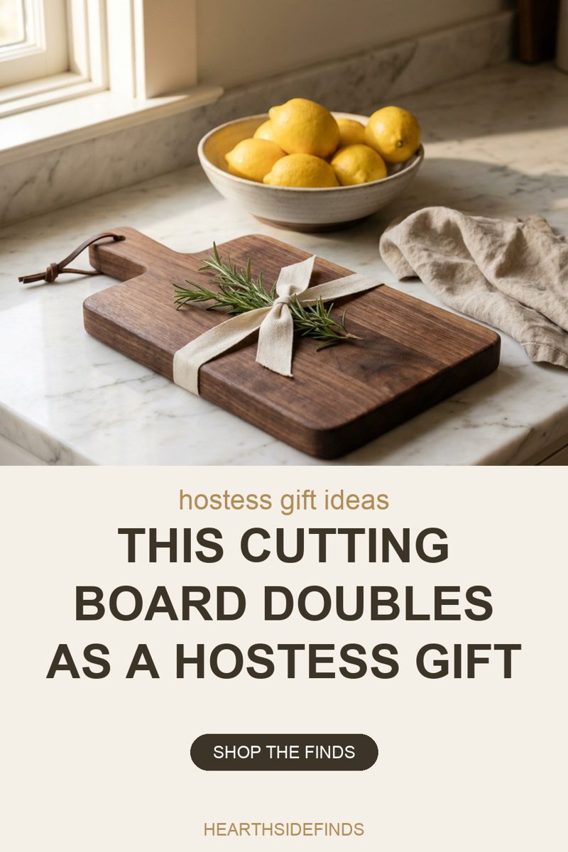 Photo of a dark walnut cutting board with a leather hanging loop lying on a white marble counter, tied with a cream fabric ribbon and a sprig of rosemary like a gift, with a ceramic bowl of lemons and a crumpled linen towel behind it in window light