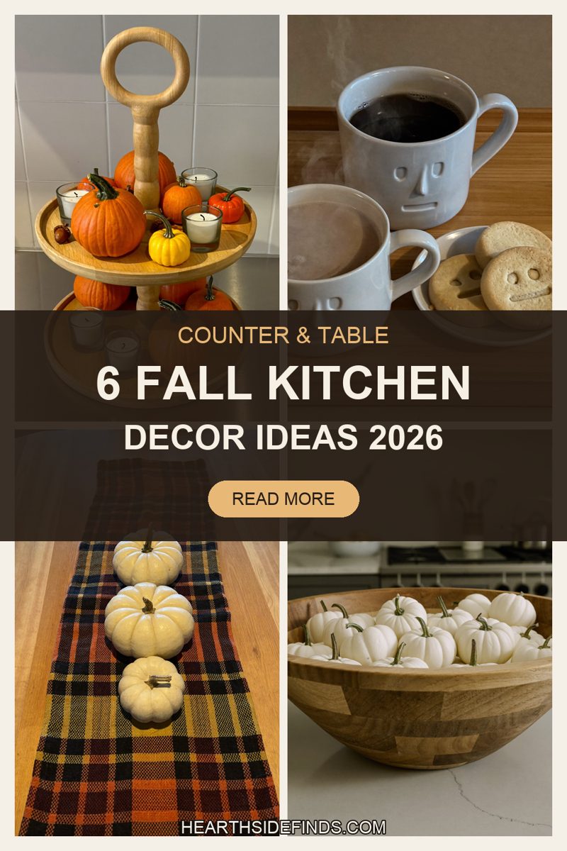 kitchen counters and tables styled with pumpkin bowls, tiered trays, plaid runners and amber candles