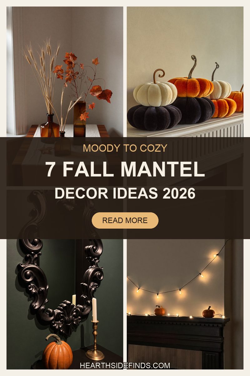 fireplace mantels styled with ravens, black branches, amber lights, velvet pumpkins and dried stems