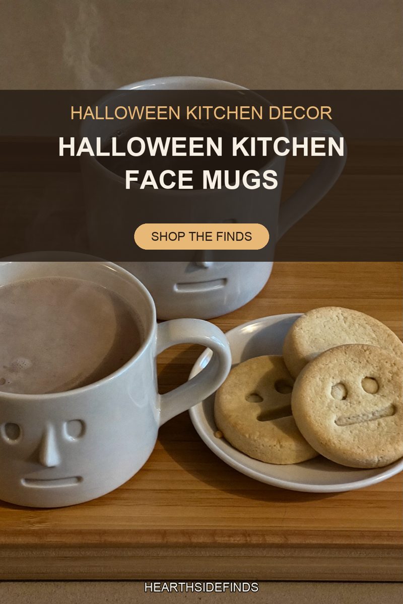 Two white ceramic face mugs of coffee and cocoa on a bamboo tray beside face-stamped shortbread.