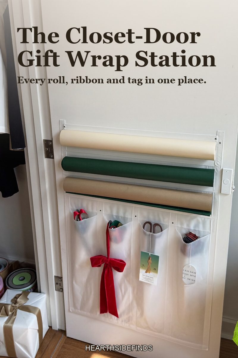 Open white closet door with a hanging gift wrap organizer holding paper rolls, red ribbon, gift tags and scissors in clear pockets, a wrapped present on the floor.