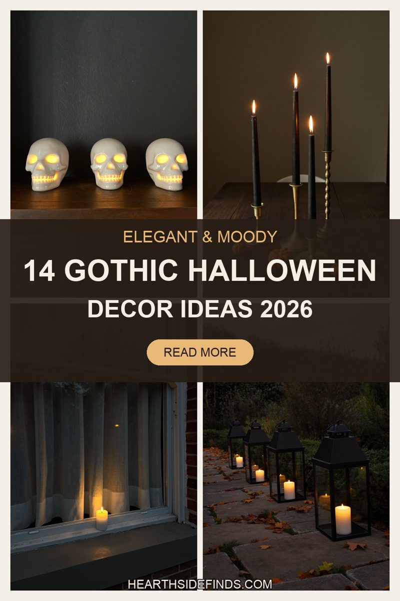 black candles, ravens, skulls, lace and lanterns styled on mantels, tables and porches in dark warm rooms