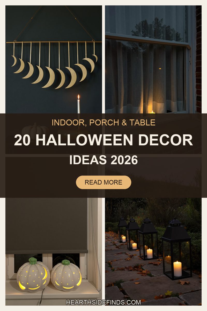 Halloween-styled mantels, tables, shelves and porches with candles, ravens, moon phases, lace and lanterns