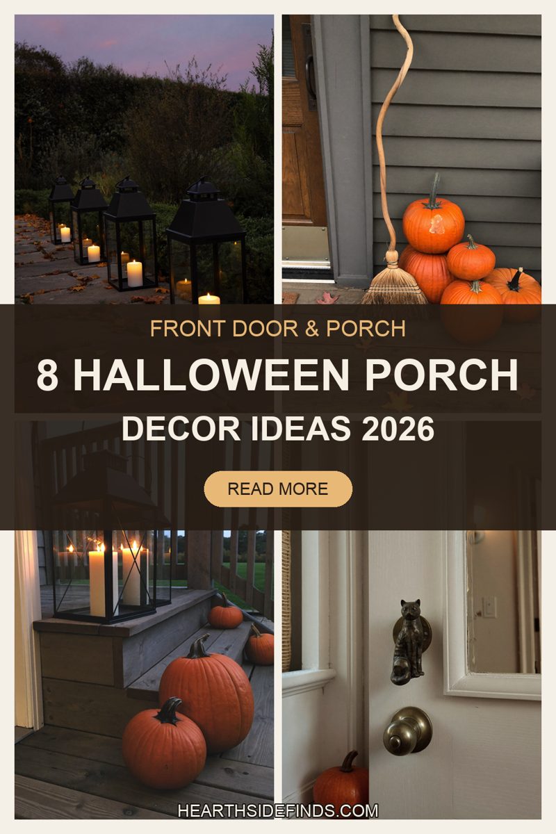 front doors and porches with lanterns, wreaths, luminaries, a cat door knocker and treat buckets at dusk