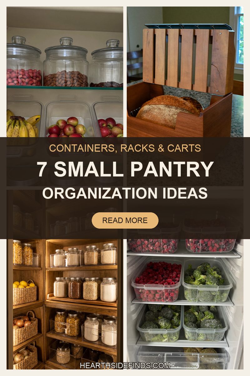 small pantries and cabinets organized with clear containers, can racks, bins and a slim rolling cart