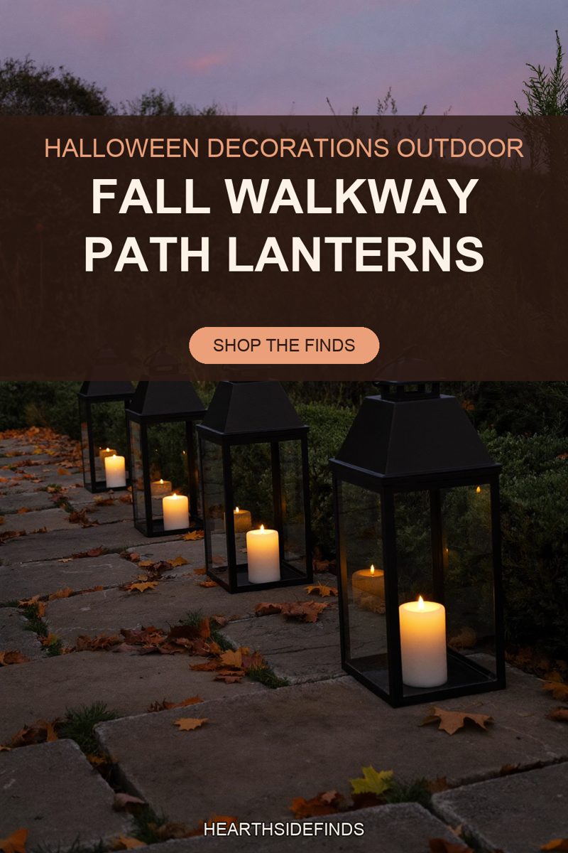 Four black metal lanterns with cream pillar candles along a stone paver walkway at dusk with fallen leaves.
