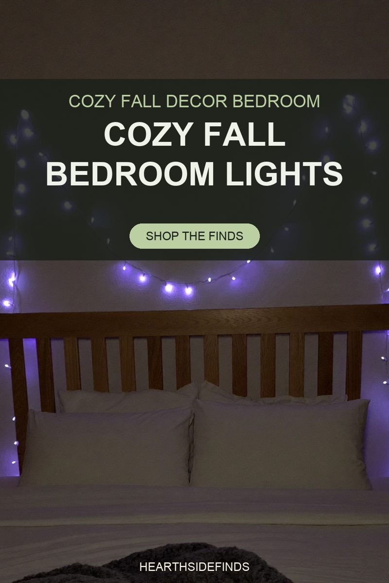 Purple string lights swagged above a light oak slatted headboard with white pillows and duvet at night.