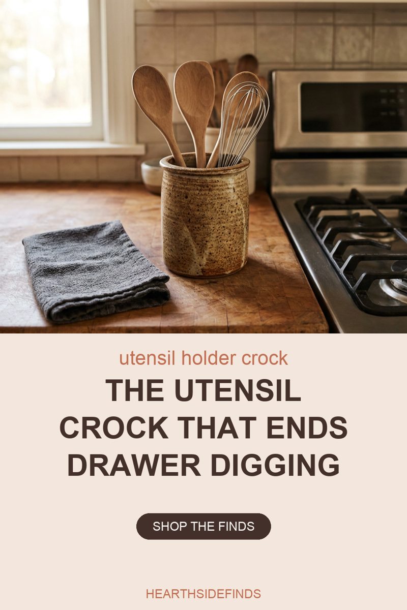Tall speckled tan-and-cream stoneware crock, taller than wide with a rolled rim, on a worn butcher-block counter beside a stainless gas range whose burner grate fills the lower right corner. Four utensils stand in it working-end up, handles down: three bare wooden spoons - two oval-bowled, one wide and flat-ended - and a stainless wire whisk. A folded grey linen towel lies on the counter at left with a daylit window behind it; a tiled backsplash and a blurred pale canister sit behind the crock.