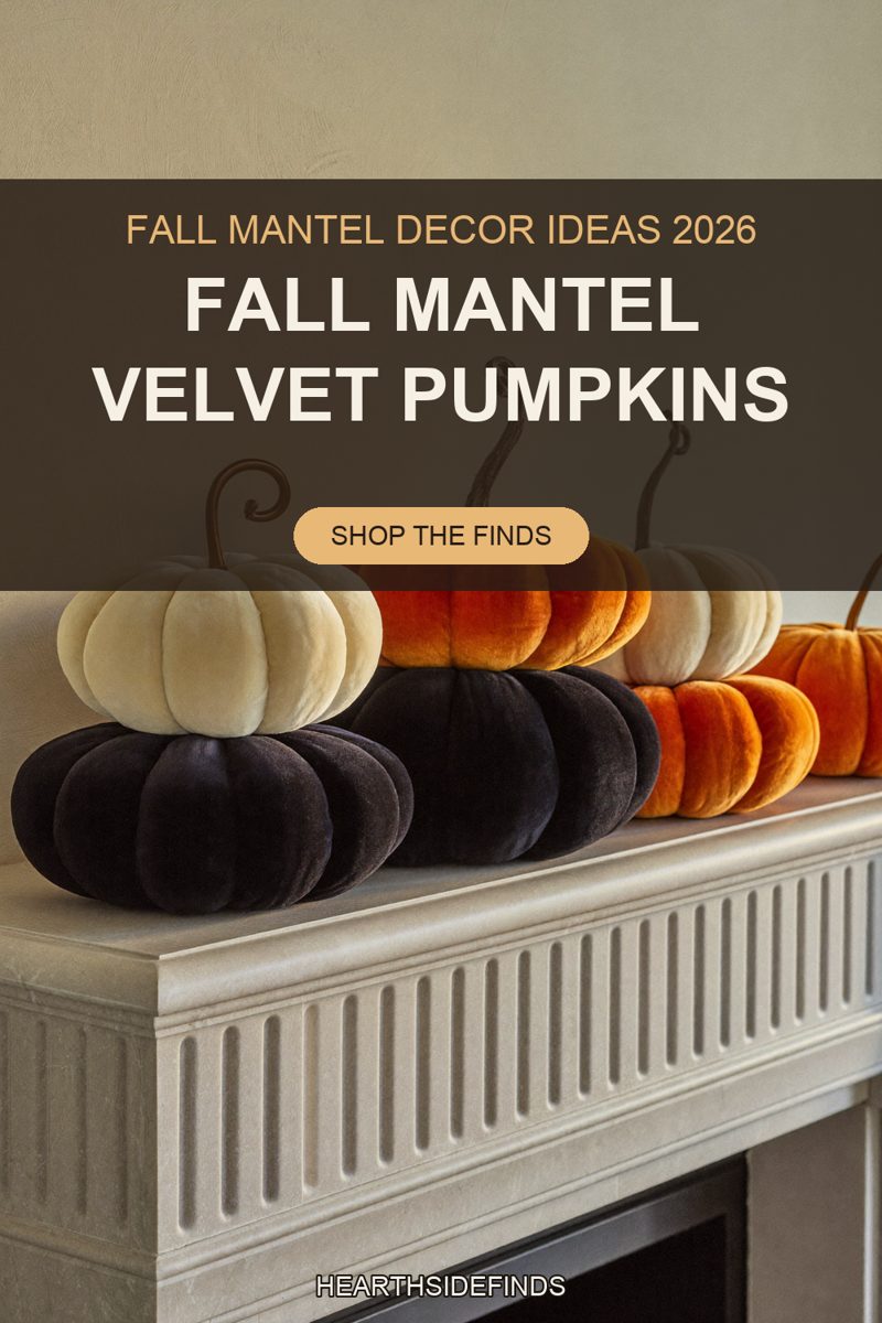 Velvet pumpkins in cream, aubergine and burnt orange with curled stems stacked on a fluted stone mantel.
