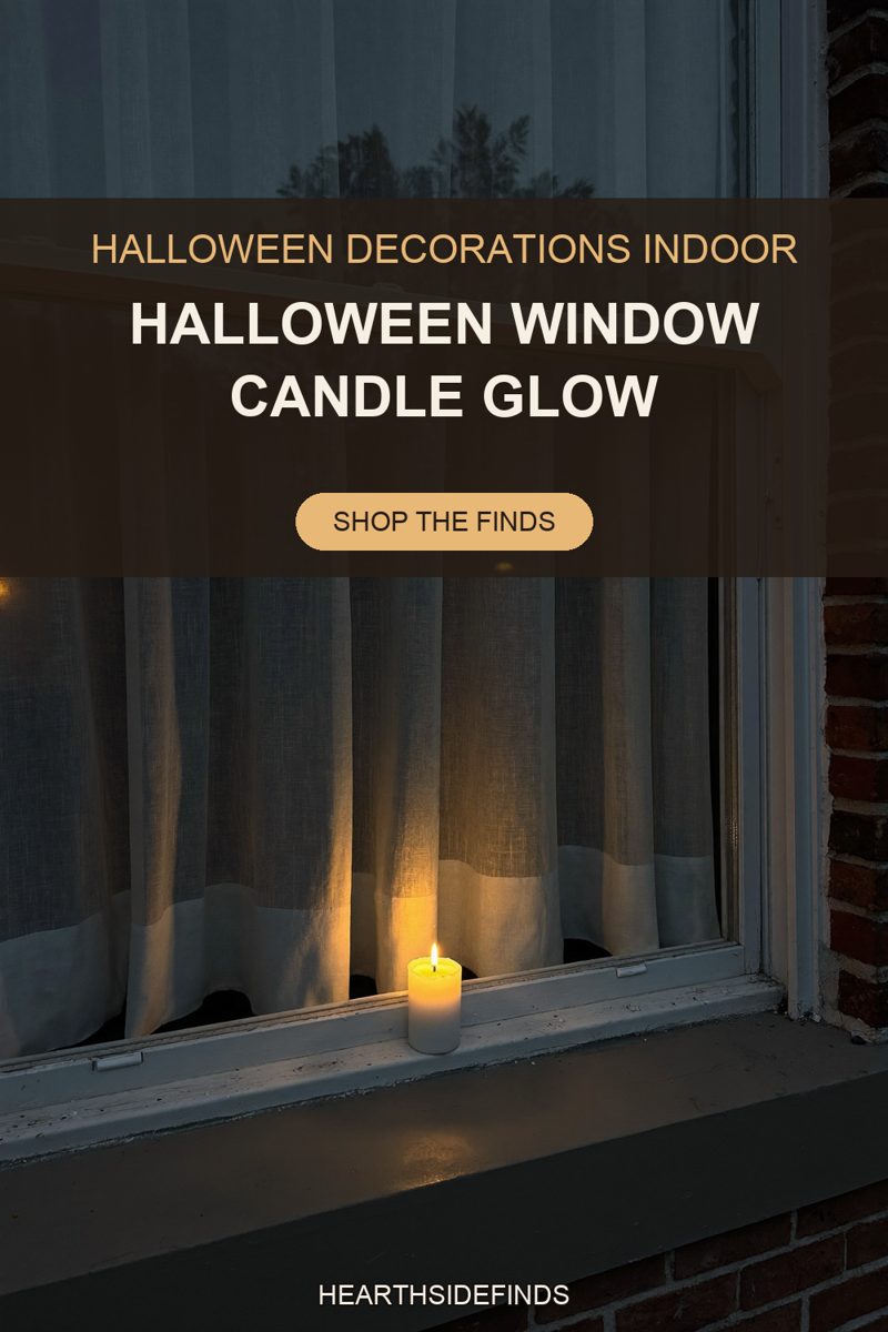 Flameless pillar candle glowing on a white window sill at dusk behind sheer curtains, brick wall right.