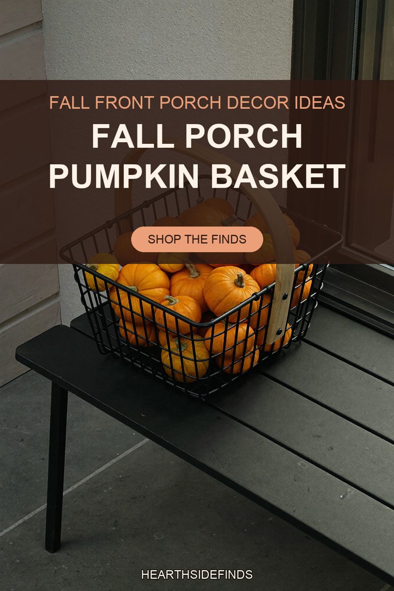 Black wire basket with a bentwood handle full of orange and yellow mini pumpkins on a black slatted bench.