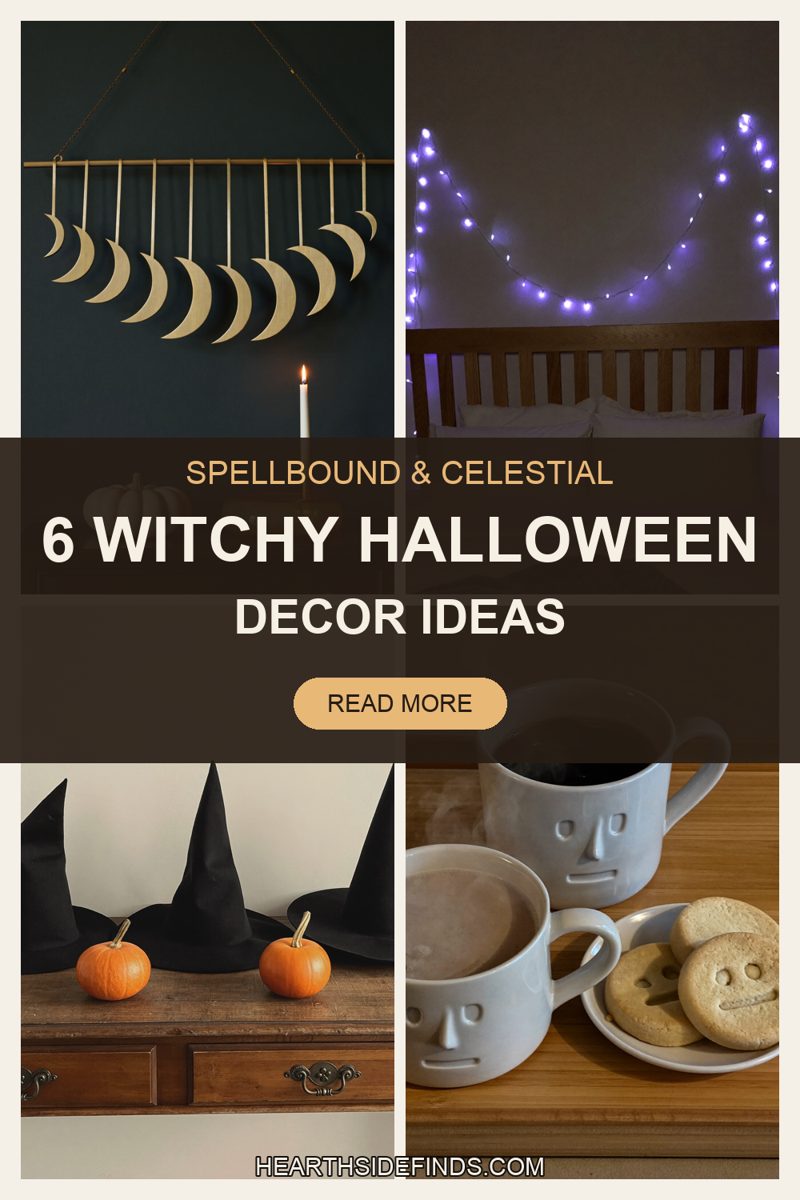 moon phase wall hanging, potion bottles, witch hats, ghost mugs and purple lights in moody rooms