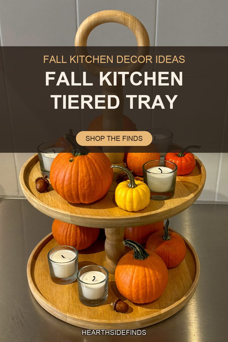 Two-tier wooden tray of orange and yellow mini pumpkins, white votives in glass and acorns on a counter.